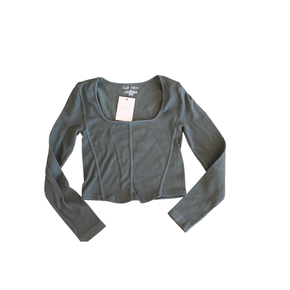 Suzette Collection Hunter Green Ribbed Square Neck Long Sleeve Top XS/S NWT